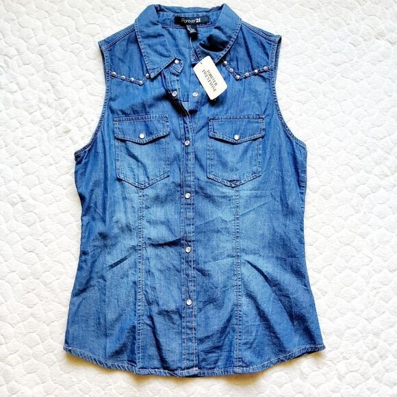 NEW denim shirt sleeveless Forever 21 button down - Picture 1 of 8